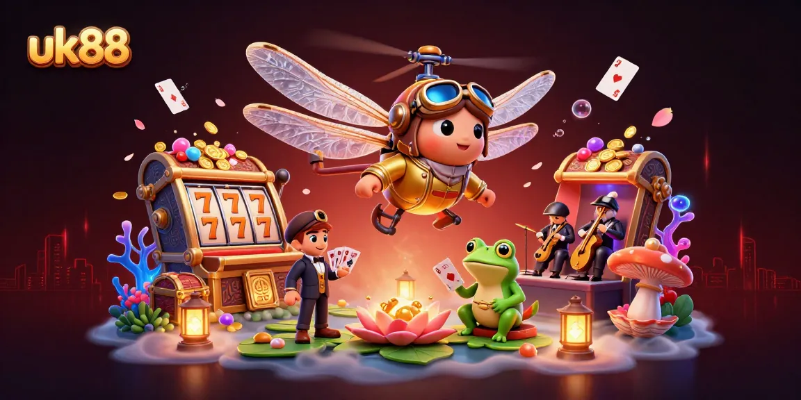 Experience thrilling games at uk88 with a vibrant 3D illustration of a casino scene.