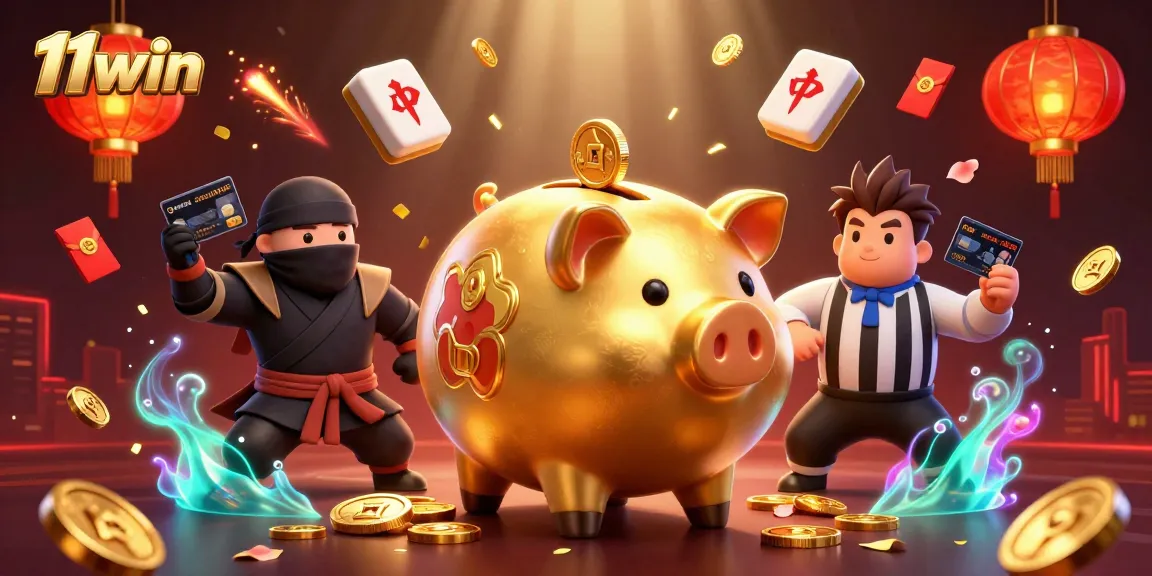 Experience dynamic gaming excitement with 11win featuring a sumo piggy bank and ninja opponents.