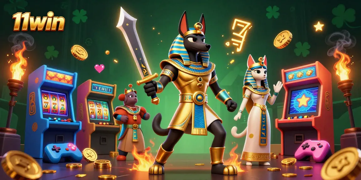 Experience winning at 11win with Anubis and Bastet amidst vibrant arcade game excitement.