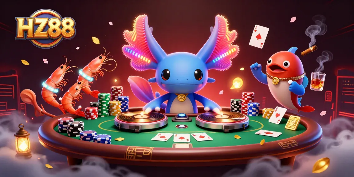 Engaging scene at HZ88 with a neon axolotl DJ, poker elements, and vibrant underwater creatures.