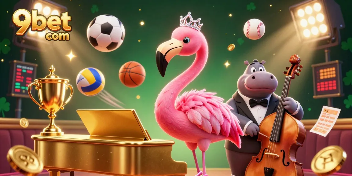 Join the excitement of 9bet com in this vibrant casino scene filled with dynamic sports betting elements and lively characters.