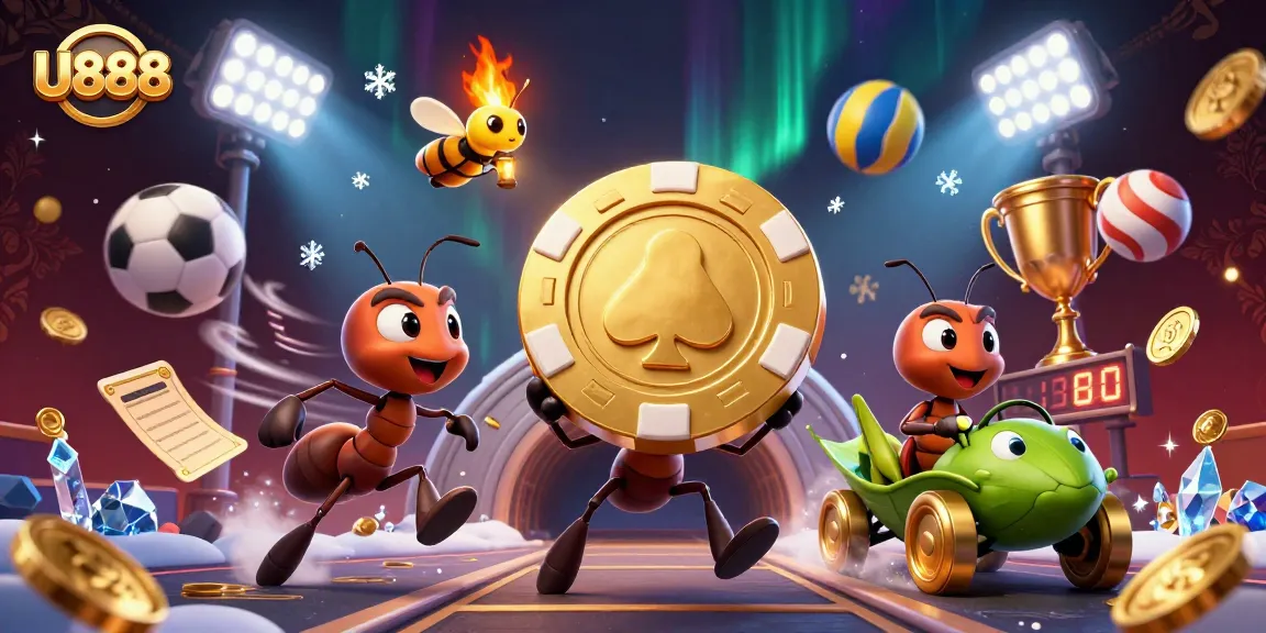 U888 features a thrilling heist scene with animated ants escaping with a golden poker chip, ideal for casino promotions.