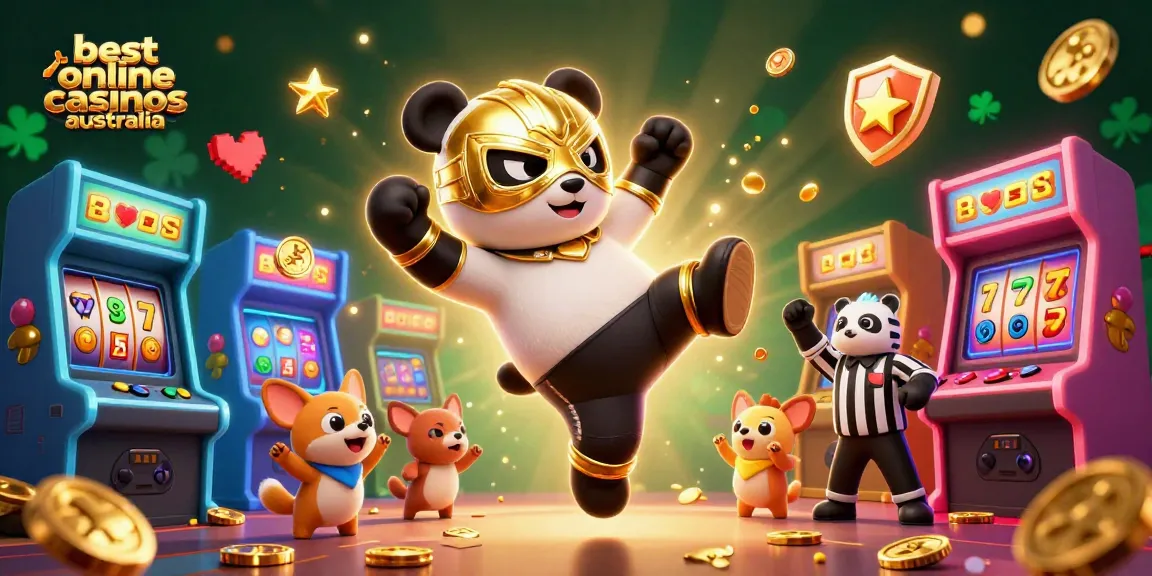 The best online casinos Australia showcase a vibrant 3D scene of a panda wrestler executing a flying kick, surrounded by colorful gaming elements and cheering animal spectators.