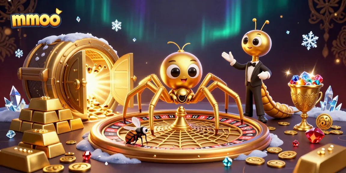Place bets with mmoo as a golden spider spins a roulette wheel web in a vibrant casino scene.