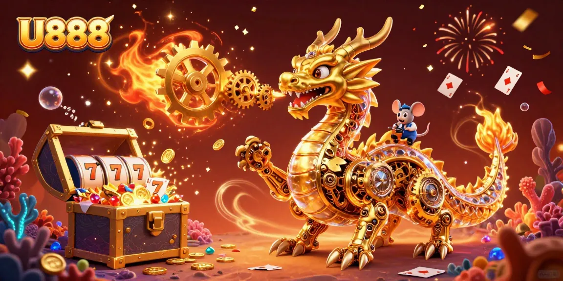 Engage in thrilling U888 gameplay as a golden dragon breathes gears, surrounded by rich casino treasures.
