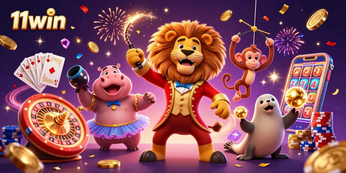 Witness the excitement of 11win with a vibrant 3D carnival scene bursting with casino elements.