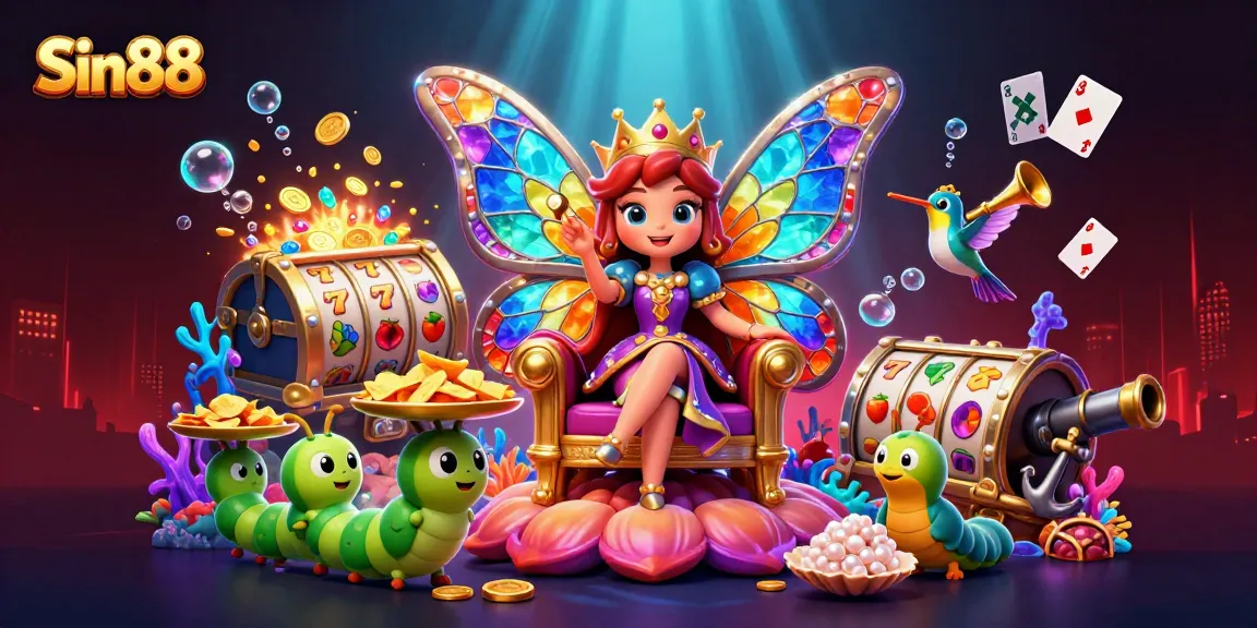 Sin88 brings players to a vibrant casino realm with a butterfly queen and dynamic slot reels.