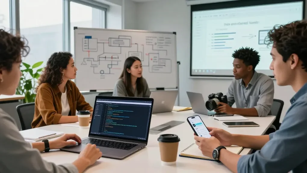 Collaborative teamwork in a modern office building internal tools with AI using laptops and whiteboards.