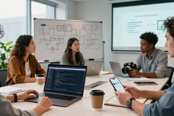 Collaborative teamwork in a modern office building internal tools with AI using laptops and whiteboards.