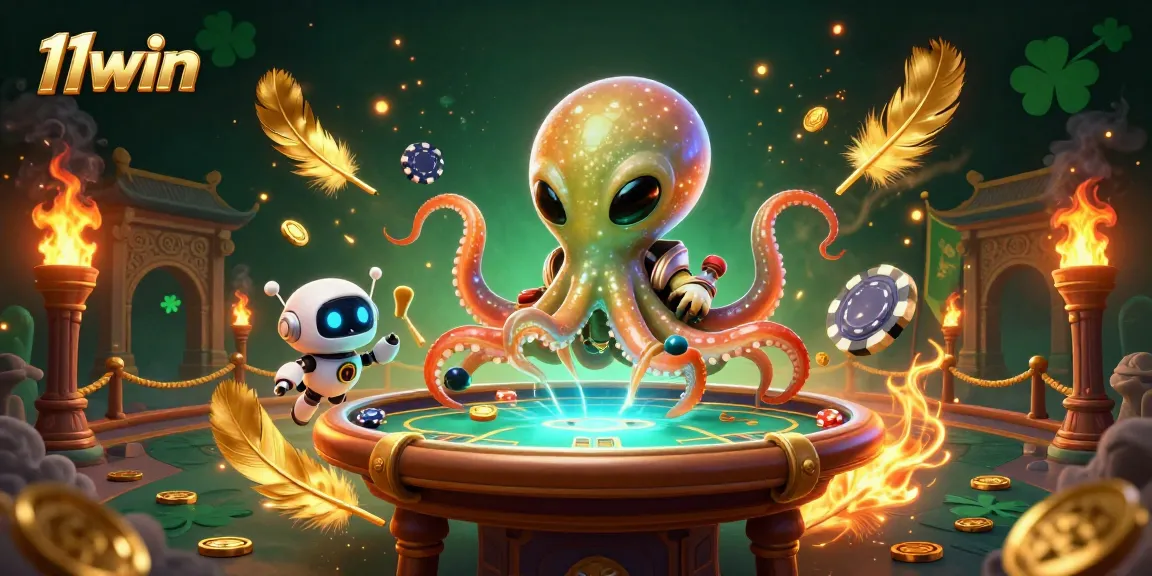 Experience thrilling poker action at 11win with an alien octopus dealer and vibrant casino atmosphere.