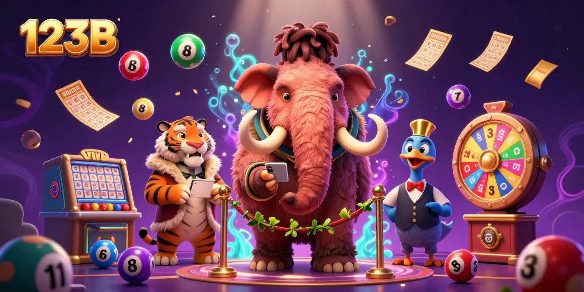 Experience thrilling gaming at 123B with dynamic lottery balls and vibrant casino characters.