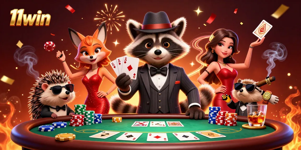 Experience thrilling poker moments with 11win's vibrant casino illustration of characters and game elements.
