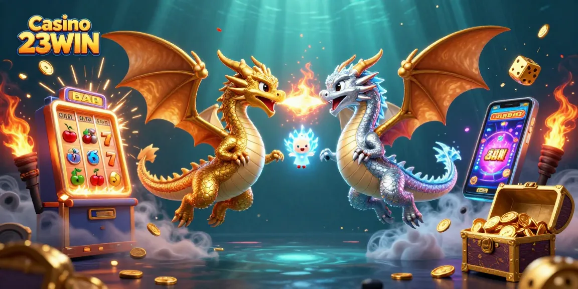 Experience Casino 23WIN's excitement with a vibrant 3D illustration of dynamic dragons and jackpots.