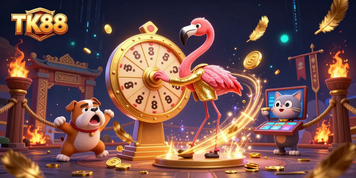 Spin the prize wheel with TK88, featuring vibrant 3D elements and engaging characters in a lively casino scene.