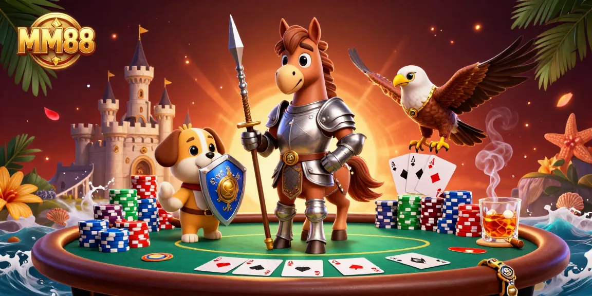 Experience the thrill of poker with MM88, featuring knights and whimsical casino elements in a vivid 3D scene.