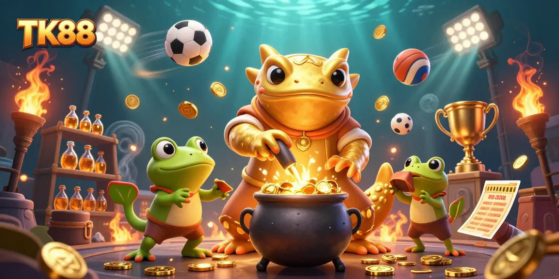 Experience thrilling gaming at TK88 with vibrant illustrations of gold coins and dynamic sports elements.