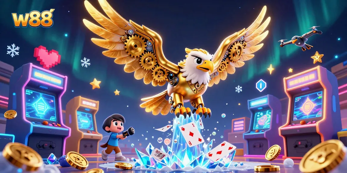 Experience thrilling gaming with w88, featuring a golden eagle amidst playful holographic cards.