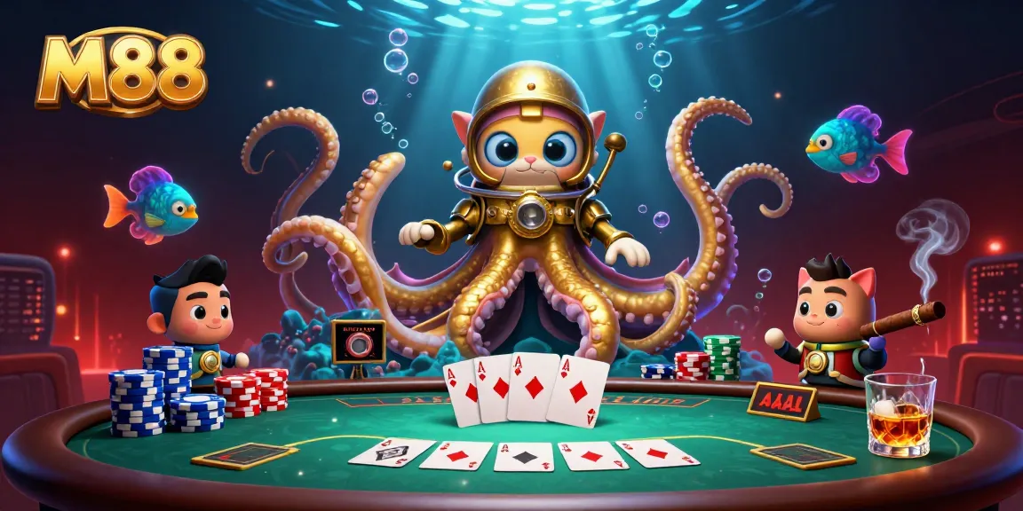 M88 captivates players with a vibrant, exciting poker scene featuring a kraken and a diving cat.