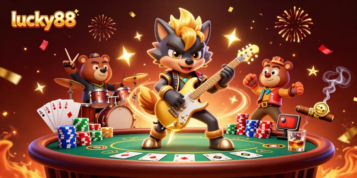 Experience the thrill of lucky88 gaming with a rock star wolf and poker elements.