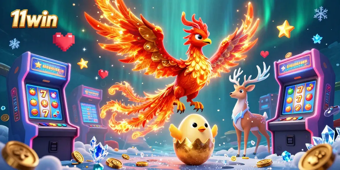 Play thrilling games at 11win with a vibrant 3D casino scene featuring a phoenix and slot elements
