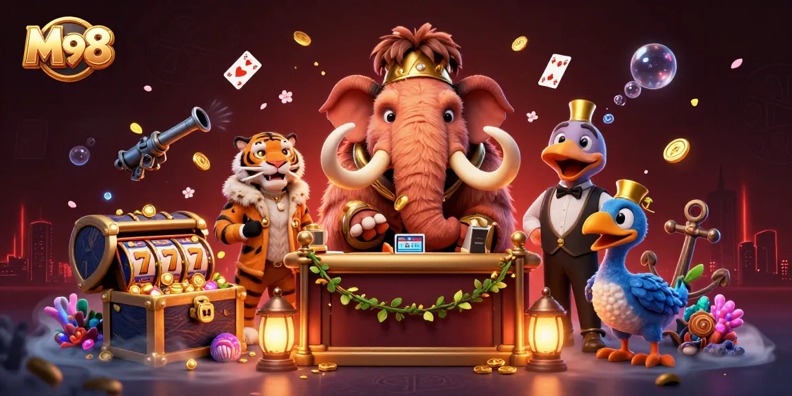 M98 offers a vibrant scene featuring animated characters celebrating casino excitement amid gold and treasure.