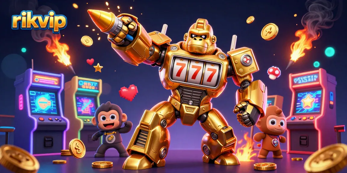 Experience exciting gaming action at RIKVIP with a golden gorilla mech and vibrant arcade elements!