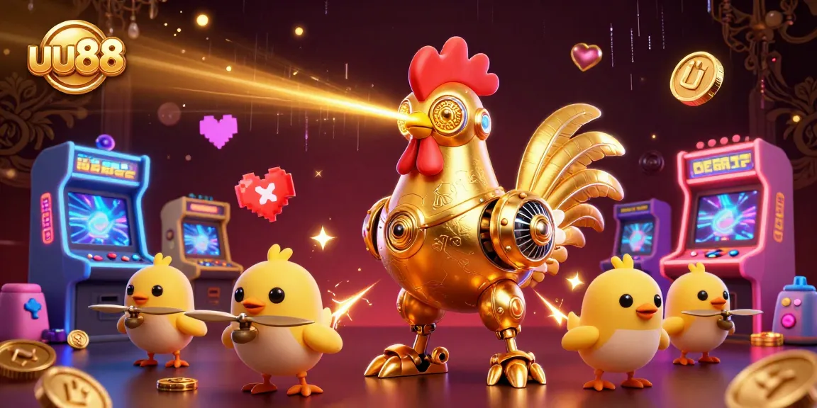 Experience thrilling action with uu88's vibrant casino games illustrated through a futuristic rooster robot.