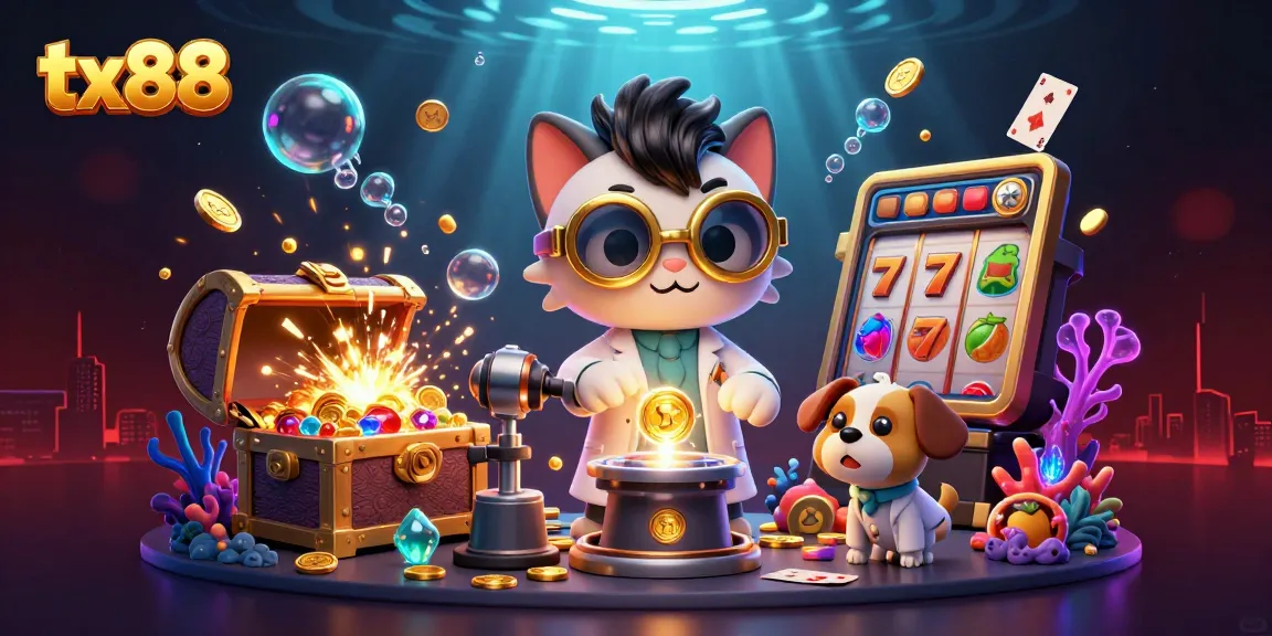tx88 showcases a vibrant 3D illustration of a lively casino scene with coins and slot elements.