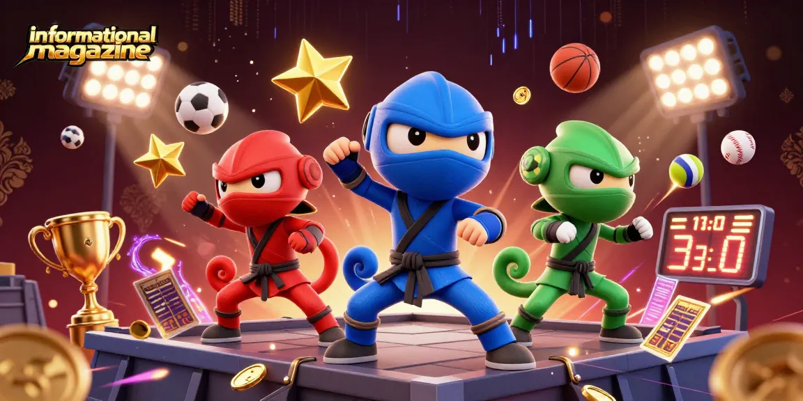 Engaging visual of the informational magazine with three ninja chameleons performing synchronized martial arts, surrounded by dynamic sports betting elements.