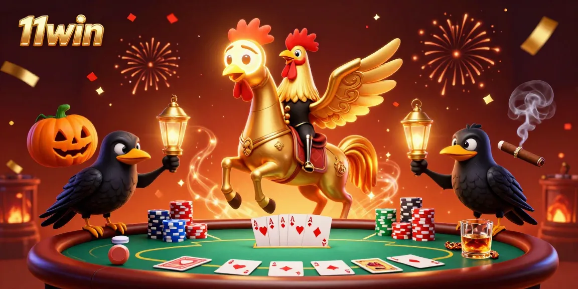 Experience the magic of 11win in this vibrant casino scene with a captivating golden rooster and poker elements.