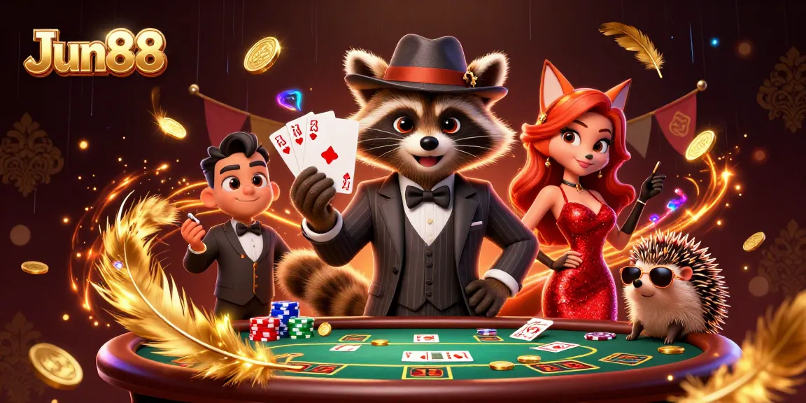 Experience thrilling poker action with Jun88 featuring a suave raccoon and friends in a dynamic 3D scene.