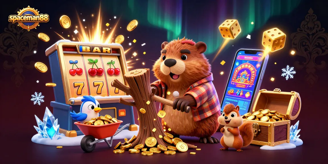 Watch the beaver in spaceman88 chop a tree raining gold coins in this vibrant casino scene.